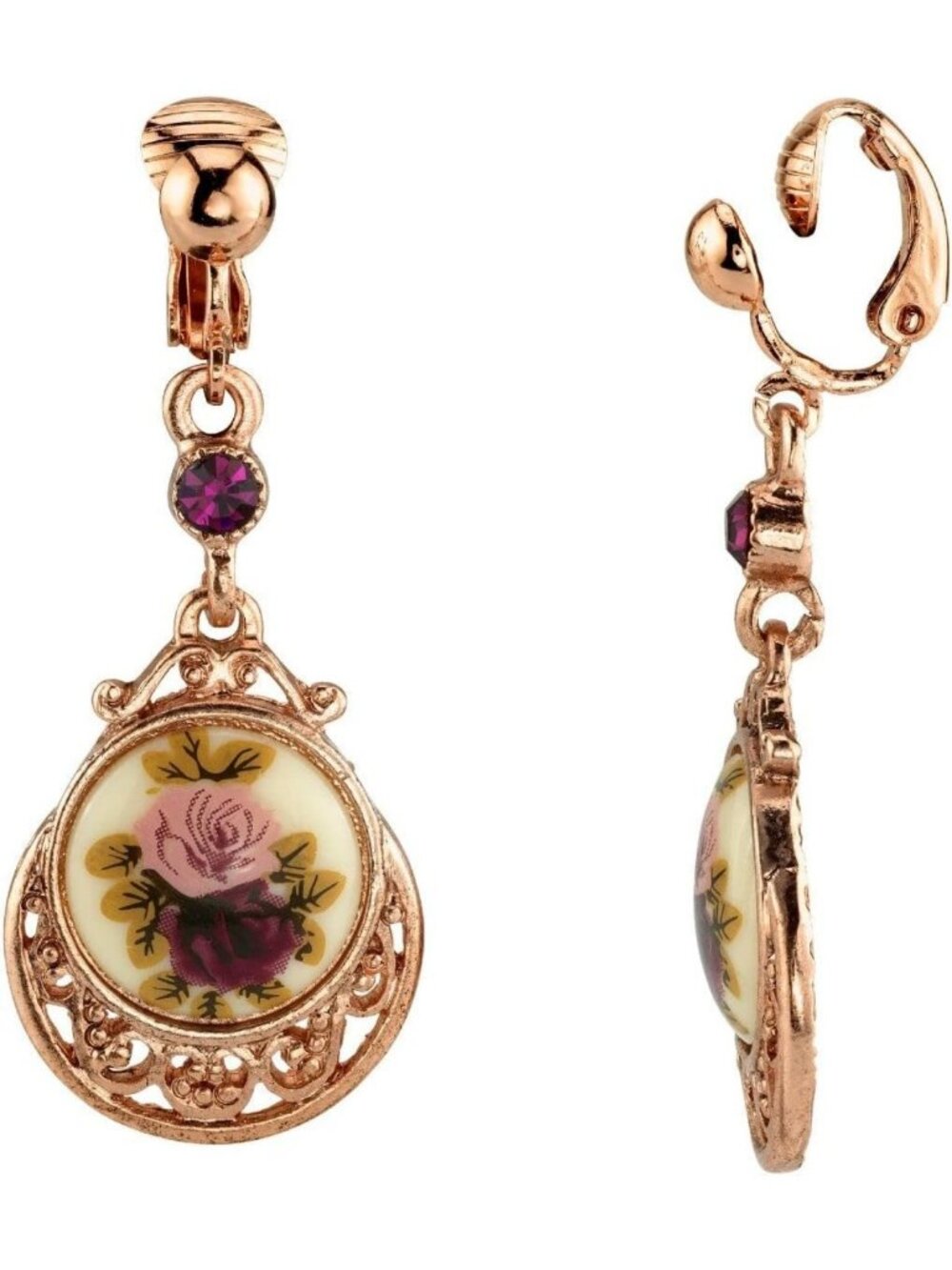 Romantic Vintage Rose Purple Crystal Clip-On Drop Earrings, Non-Piercing, 14K